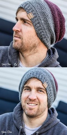 two photos of a man wearing a knitted hat