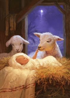 a painting of two lambs and a baby in a manger