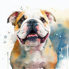 a watercolor painting of a dog's face with his tongue out and eyes wide open