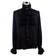 Some things never go out of style, do they?This gothic chiffon shirt will look absolutely refined with it's bowtie which is reminiscent of Victorian era fashion.The intricate buckle, the flow fit and a turtleneck, what's not to like about this shirt?Also available in Porcelain Frost (White). Product Specifications:Style: GothicFabric: 100% Polyester Black Ruffled Shirt For Formal Occasions, Elegant Halloween Party Tops, Elegant Halloween Party Top, Elegant Tops For Halloween Costume Party, Elegant Halloween Costume Party Tops, Formal Fall Shirt With Ruffled Collar, Formal Shirt With Ruffled Collar For Fall, Elegant Black Top For Halloween, Black Gothic Shirt For Fall