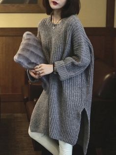 Casual Sweaters Women, Solid Dress Casual, Long Sweaters For Women, Thick Sweaters, Grey Knit Sweater, Long Pullover, 가을 패션, Knit Outfit, Casual Sweaters