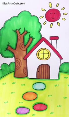 a child's drawing of a house and tree