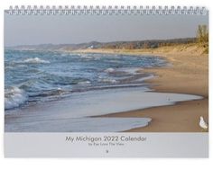 a calendar with the image of a beach and seagull on it's cover