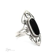 Elongated Filigree Ring With Oval Inlaid Stone with an intricate open filigree metalwork and elongated black gemstone. Silver Work, Filigree Ring, Oval Stone, Silver Filigree, Unique Charms, Mother Of Pearl, Onyx, Boho Chic, 925 Sterling Silver