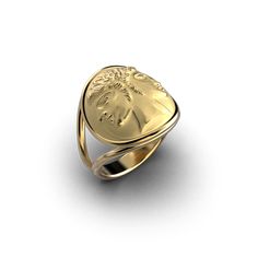 Ancient style Janus God Coin Ring made in Italy by Oltremare Gioielli, available in 14k or 18k genuine gold Ceremonial 14k Gold Signet Ring With Polished Finish, 14k Gold Ceremonial Signet Ring With Polished Finish, Luxury Recycled Gold Ring In Gold Color, Luxury Recycled Gold Rings In Gold Color, Classic 14k Gold Signet Ring For Ceremonial Occasions, Luxury Recycled Gold Rings, Tarnish Resistant, Symbolic Yellow Gold Round Signet Ring, Elegant Ceremonial Signet Ring With Engraving Option, Elegant Yellow Gold Rings With Intaglio