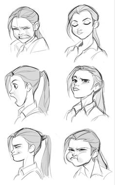 some sketches of people with different facial expressions and hair styles, all in various poses