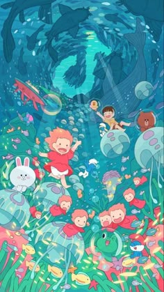 an underwater scene with children swimming in the water