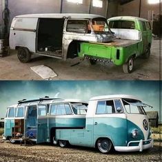 an old vw bus is converted into a camper