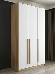 a white and wood cabinet in a room