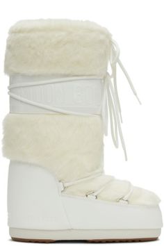 Moon Boot: White Faux-Fur Icon Boots | SSENSE White Snow Boots For Winter, White Insulated Leather Boots, White Winter Snow Boots, Insulated White Leather Boots, Luxury White Winter Boots, Boot For Women, Moon Boot, Faux Fur Boots, Moon Boots