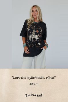 So cool, you're going to love the Wild Ride Graphic Tee, a perfect western - boho touch to any outfit! Comfortable, mineral - washed, tee shirt fabric Relaxed and loose tee shirt silhouette Classic crew neckline and dropped shoulders with loose short sleeves So cute cowgirl riding horse graphic Distressed details along neckline, cuffs and hem for added boho style Pair with: Sophie Crochet Lace Bralette, So Laid Back Textured Drawstring Pants and Turquoise Cascade Necklace. *Due to lighting and d Bohemian Washed Short Sleeve T-shirt, Bohemian Style T-shirt For Fall Festival, Bohemian Fall Festival T-shirt, Soft-washed Relaxed Fit Tops For Festival, Bohemian Short Sleeve T-shirt For Fall, Bohemian Distressed Short Sleeve T-shirt, Bohemian Distressed Crew Neck Top, Soft-washed Short Sleeve Tops For Festival, Festival Graphic Tee With Vintage Wash