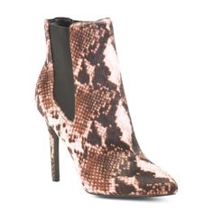 Charles David Heeled Booties Faux Fur Snake Print Elastic 4.5” Heel Pointed Toe Women’s Size 9 Brown Heeled Boots With 4-inch Heel For Fall, Brown High Heel Boots With 4-inch Heel, Brown Fall Heels For Night Out, Brown Heels For Night Out In Fall, Brown Pointed Toe Party Booties, Chic Brown Faux Leather Booties, Brown High Heel Booties For Party, Chic Brown Boots With 4-inch Heel, Chic Brown Booties For Party