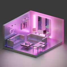 a living room filled with furniture and pink lighting