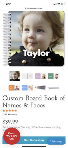 a flyer for a baby's personalized book with the name taylor on it