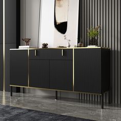 a black and gold sideboard in a living room