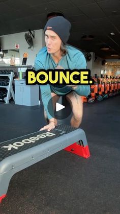 a man is doing tricks on a bench in a gym with the words bounce above him