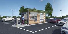 an artist's rendering of a small food stand in a parking lot