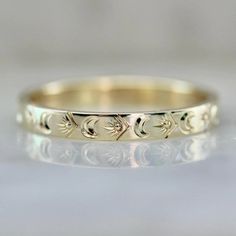 Eclipse Moon & Star Engraved Gold Band - Gem Breakfast Gem Breakfast, Hand Movements, Extraordinary Design, Alternative Wedding Rings, Trophy Hunting, Celestial Ring, Stacked Wedding Rings, Art Deco Wedding Band, Solid Gold Band