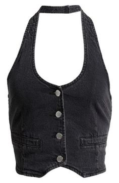 Amp up your casual-cool game in this inky denim vest designed with a cropped silhouette and silvery buttons. 16" length (size Small) Front button closure Halter neck Sleeveless 99% cotton, 1% elastane Machine wash, line dry Imported Black Denim Vest, Halter Vest, Denim Vests, Vest Designs, Cropped Vest, Long Vests, Outerwear Vest, Vest White, Daisy Chain