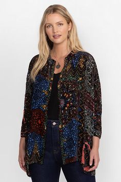 Crafted from a light and airy silk blend, the Audrey Oversized Burnout Shirt is embellished with a vibrant patchwork pattern. Featuring a collared button front and a drop shoulder sleeve, this relaxed-fit shirt is finished with side slits. Pair with fitted pants and leather flats for a polished casual ensemble. Johnny Was Women's Audrey Oversized Burnout Shirt in Nava Burnout Blue, Size 3XL, Silk/Leather Fall Patchwork Patterned Blouse, Drop Shoulder Sleeve, Polished Casual, Fitted Pants, Women's Blouses, Patchwork Patterns, Chic Outfit, Embroidered Jeans, Johnny Was