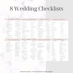 the 8 wedding checklist is shown on a marble background