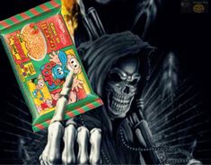 a skeleton holding up a bag of candy with an image of a skeleton in the background