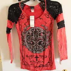 Nwt Womens Daytrip Long Sleeve Raglan Shirt Red Burgandy Color Black Lace Inset On Shoulders And Arm Graphic Design On Front With Rhinestone Bling 100% Cotton Size Small New With Tags Fitted Red T-shirt For Fall, Red Fitted Long Sleeve T-shirt, Red Graphic Print Blouse For Fall, Red Stretch Cotton Blouse, Casual Red Festival Shirt, Red Stretch Tops For Festivals, Red V-neck Shirt With Graphic Print, Red Cotton Festival Shirt, Red Cotton Shirt For Festival