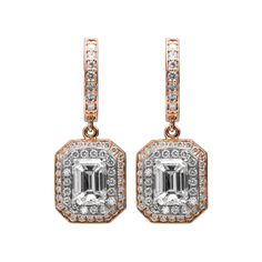 Classic, bold and elegant, these earrings will go great with evening attire or for every day wear. Mounted in 14K Rose and 14K White gold, these earrings featuring exceptional pave work, encrusted with almost 1.79ct of white full brilliant cut diamond creating double halo around Emerald cut Diamonds. Lever back also encrusted with pave, you won`t miss a sparkle! Center stones details: 2 Matching Emerald cut diamonds 1.01ct I VS1 & 1.03ct I VS1 Measurements (1.03ct I VS1): 6.64 x 4.80 x 3.53 Gold For Sale, Double Halo, Emerald Cut Diamonds, Evening Attire, Brilliant Cut Diamond, Emerald Cut, Time Piece, Bracelet Watch, Diamond Cuts