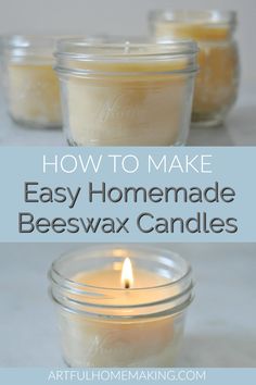 homemade beeswax candles in mason jars with text overlay that reads how to make easy homemade beeswax candles