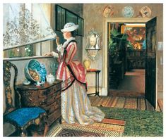 a painting of a woman standing in front of a window looking out at the outside