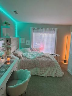 a bed room with a neatly made bed next to a counter and a chair in front of a window