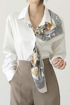 Long Sleeve White Shirt, Office Shirts, Shirt Elegant, Spring Blouses, Ways To Wear A Scarf, Woman Casual, How To Wear A Scarf