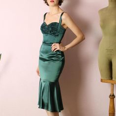 RTW dark green satin dress sweetheart straps mermaid dress | Etsy Fitted Green Mermaid Dress For Evening, Green Fitted Evening Dress With Spaghetti Straps, Fitted Green Evening Dress With Spaghetti Straps, Green Evening Dress With Spaghetti Straps, Elegant Fitted Vintage Dress With Sweetheart Neckline, Fitted Vintage Dress With Sweetheart Neckline, Retro Evening Dress With Sweetheart Neckline, Vintage Fitted Dress With Sweetheart Neckline For Party, Fitted Vintage Dress With Sweetheart Neckline For Evening