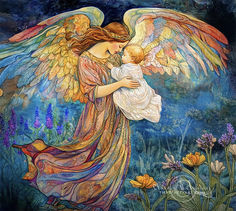 a painting of an angel holding a baby in her arms with flowers around it and blue sky background