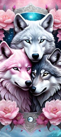 three wolfs are hugging each other in front of pink flowers