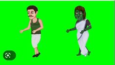 two animated people are walking on a green screen