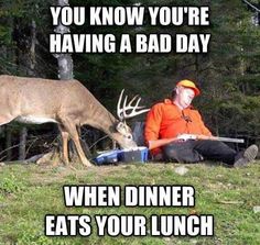 a man kneeling down next to a deer in the grass with an orange shirt on