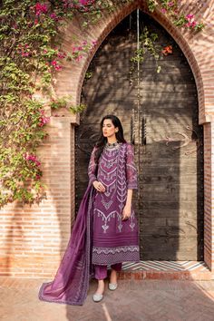 Pakistani Purple Dress in Gown Trouser Style for Eid Pakistani Gown, Pakistani Winter Dresses, Purple Gown, Eid Dress, Eid Dresses, Gul Ahmed, Maria B, Lawn Shirts, Net Fabric