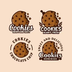 four cookies logos with chocolate chips and sprinkles