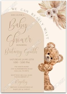 a baby shower is shown with a teddy bear and flowers on the back of it