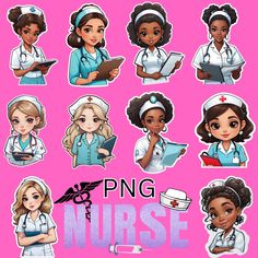 various nurse stickers on a pink background