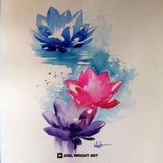 an artistic painting of two flowers on a white background with blue and pink watercolors