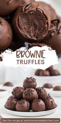 chocolate truffles stacked on top of each other with the words brownie truffles above them