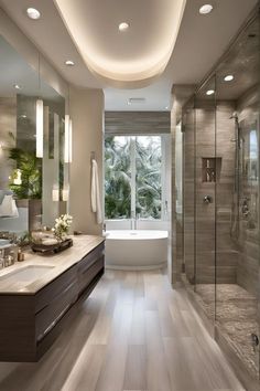 a bathroom with a large tub and walk in shower