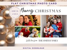 a christmas card with photos and ornaments