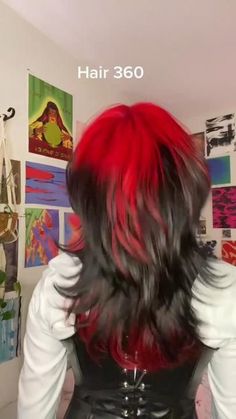 Indie Hair Dye Ideas, Shag Hair Dye Ideas, Black And Red Hair Ideas Short, Red Ghost Roots Black Hair, Black And Red Hair Dye, Layered Alternative Hair, Alastor Haircut, Wolf Cut With Red Highlights, Red And Black Dyed Hair