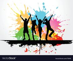 three people dancing with colorful paint splatters