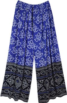 A cool pair of palazzo pants in blue and black with a white tie-dye look block print, these wide leg pants are lightweight, slightly sheer and very comfortable for lounging.  These airy pants can be worn with a simple top for a relaxed summer look or you can pair it with a fancy blouse for a party style. #tlb #SplitSkirtsPants #Printed #Indian #WideLegPants #BeachPants #HippiePants #coolsummerpants Blue Harem Pants For Spring Vacation, Blue Relaxed Fit Harem Pants For Vacation, Blue Wide Leg Pants With Elastic Waistband For Summer, Blue Wide-leg Harem Pants For Summer, Blue Harem Pants For Summer, Blue Harem Pants For Vacation, Blue Harem Pants Loosely Fitted For Summer, Blue Wide-leg Harem Pants With Elastic Waistband, Blue Summer Harem Pants With Elastic Waistband