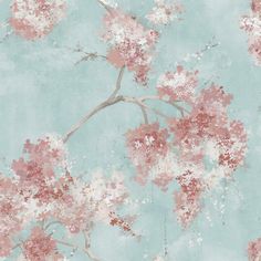 a blue and pink wallpaper with flowers on the branches in front of a sky background