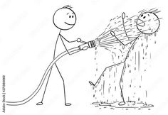 cartoon stick figure drawing of man spraying water on another person with hoses royalty illustration